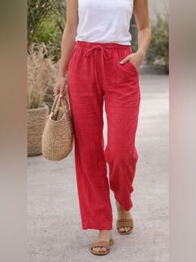 Quince Red Organic Straight-Leg Drawstring Pants Size Small